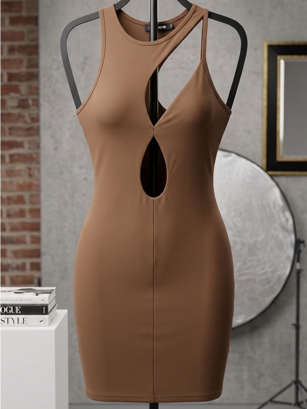 Fashion Nova Asymmetrical One-Shoulder Cutout Dress in Brown